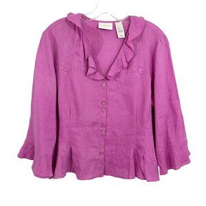 Vintage Liz Claiborne Pink‎ Linen Embroidered Blouse Cottagecore - Size Large